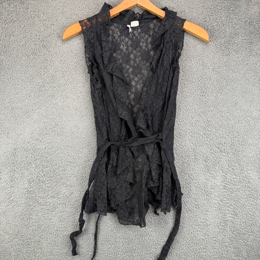 Lilly Lou Black Floral Lace Ruffle Sleeveless Wrap Top Medium JA39671
